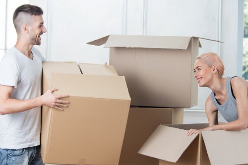 Packed office furniture ready for removals in Locksbottom